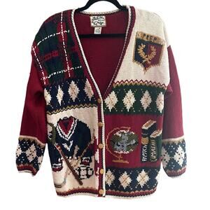Vtg Heirloom Collectibles HandKnit Holiday Christmas Hockey Preppy Red Sweater-M